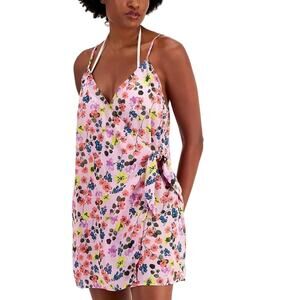 Miken Swimsuit Cover Up Size Large Pink Floral Tie Faux Wrap Resort Beach NEW
